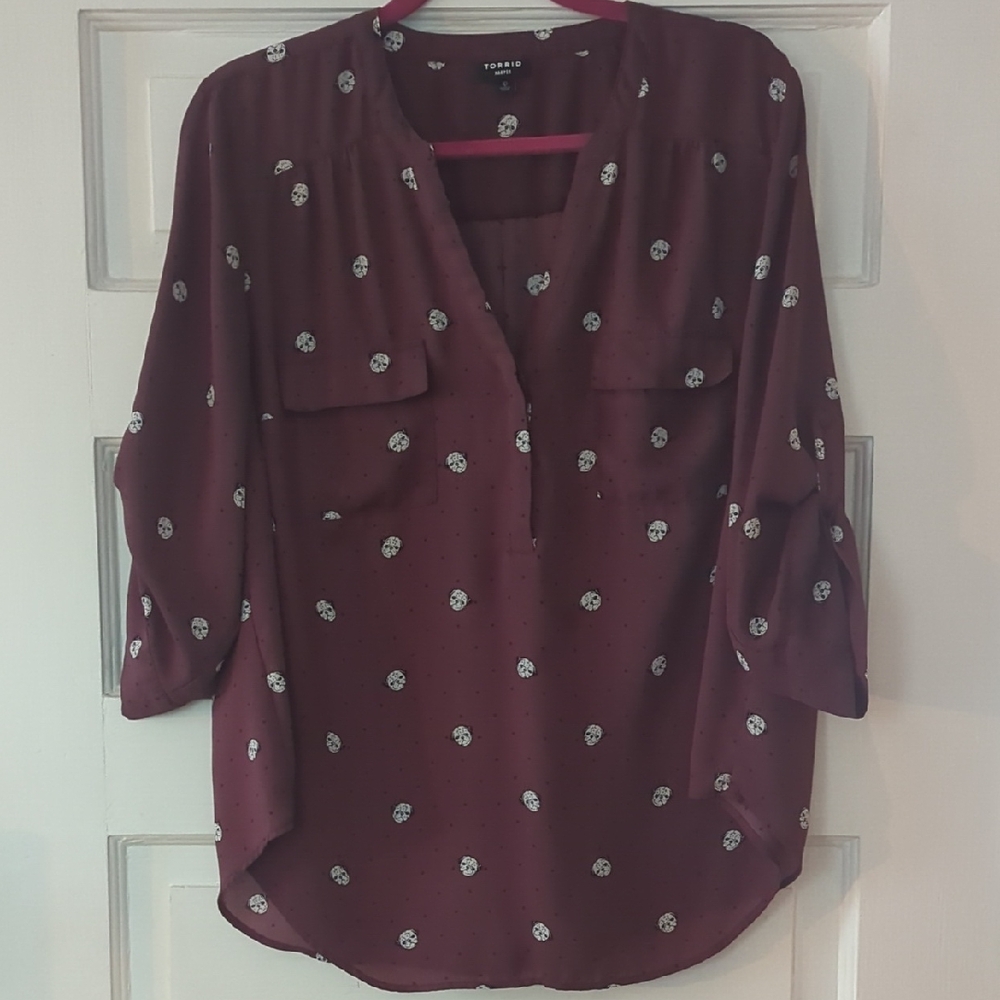 Torrid Red 3/4 Sleeve Blouse with Pugs
